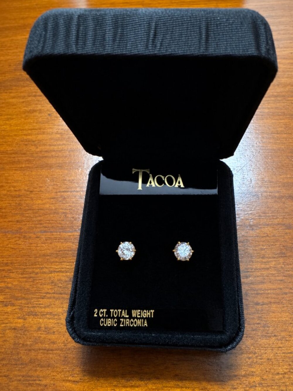 TACOA 2 CTW Cubic Zirconia Gold Tone Solitaire Stud Earrings w Original Box
